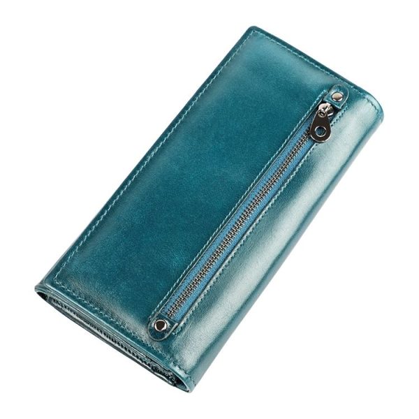 3559 Antimagnetic RFID Multi-function Zipper Retro Top-grain Leather Lady Purse Wallet (Blue) - Image 3