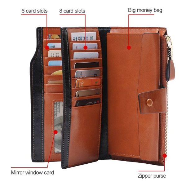8236 Antimagnetic RFID Multi-function Oil Wax Leather Lady Wallet Large-capacity Purse (Yellow) - Image 7