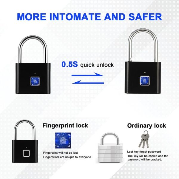 Stainless Steel Automatic Intelligent Fingerprint Padlock Electronic Lock, 10 Fingerprint Edition (Black) - Image 5