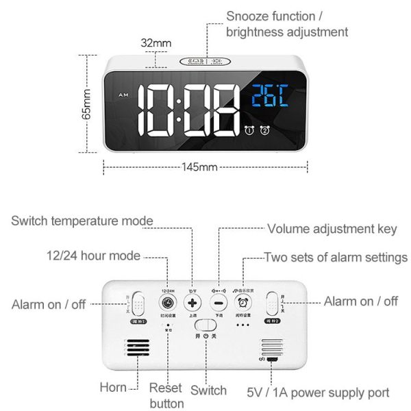Bedside Alarm Clock Sound Control Mirror LED Music Clock (Black) - Image 3