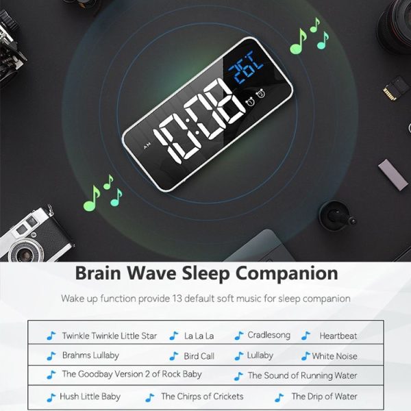 Bedside Alarm Clock Sound Control Mirror LED Music Clock (Black) - Image 8