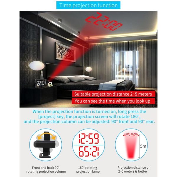 TS-9210 Digital Mirror Projection Alarm Clock With FM Radio & Temperature Humidity - Image 7