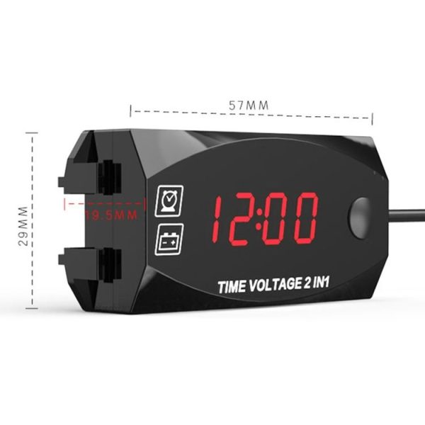 Motorcycle Multi-functional 2 in 1 Digital Display Voltmeter + Electronic Clock, 6-30V IP67 (Red Light) - Image 2