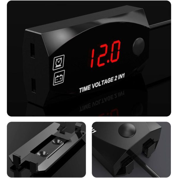 Motorcycle Multi-functional 2 in 1 Digital Display Voltmeter + Electronic Clock, 6-30V IP67 (Red Light) - Image 3