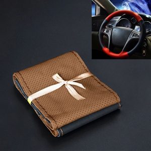 Car Genuine Leather Hand-stitched Adaptation Steering Wheel Cover, For Steering Wheel Size 37-38cm (Brown)