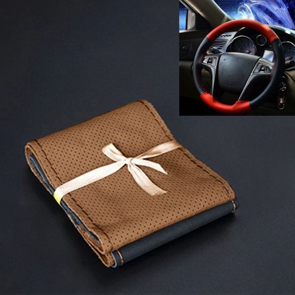 Car Genuine Leather Hand-stitched Adaptation Steering Wheel Cover, For Steering Wheel Size 37-38cm (Brown)