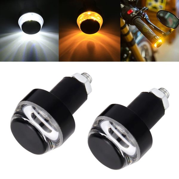 Pair Motorcycle Turn Double Light Grip Bar Plug Strobe Side Marker End LED Handlebar Lamp, Yellow and White Light