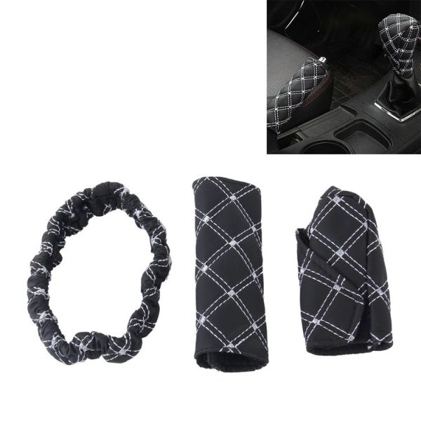 3 PCS Car Hand Brake Cover Shift Knob Gear Stick Cushion Sets Rear View Mirror Sets Cover Car Accessory Interior Decoration Pad (White)