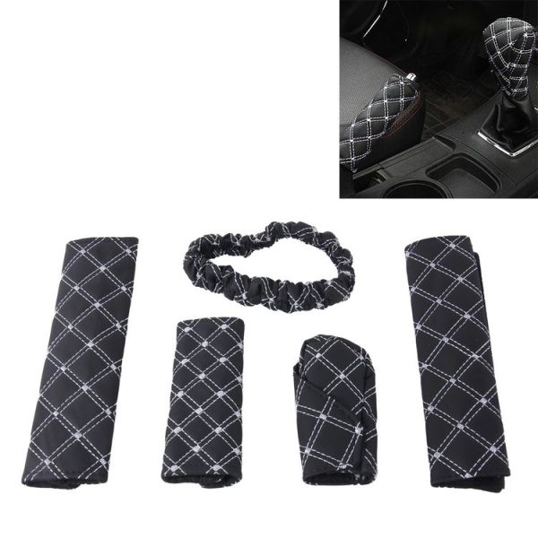 5 PCS Car Hand Brake Cover Shift Knob Gear Stick Cushion Sets Rear View Mirror Sets Cover Car Accessory Interior Decoration Pad (White)