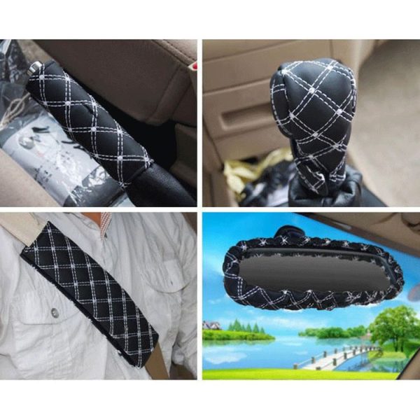 5 PCS Car Hand Brake Cover Shift Knob Gear Stick Cushion Sets Rear View Mirror Sets Cover Car Accessory Interior Decoration Pad (White) - Image 10