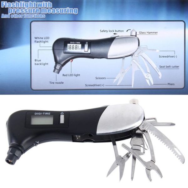9 in 1 Digital Tire Pressure Gauge Multi-function Safety Hammer with Swiss Style Army Knife, Flashlight and Red Safety Light, Outdoor Tool Kit - Image 5
