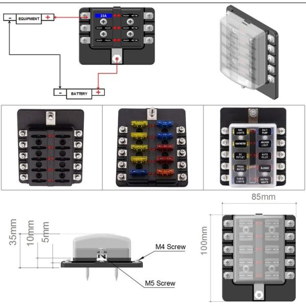 1 in 10 Out Fuse Box Screw Terminal Section Fuse Holder Kits with LED Warning Indicator for Auto Car Truck Boat - Image 7