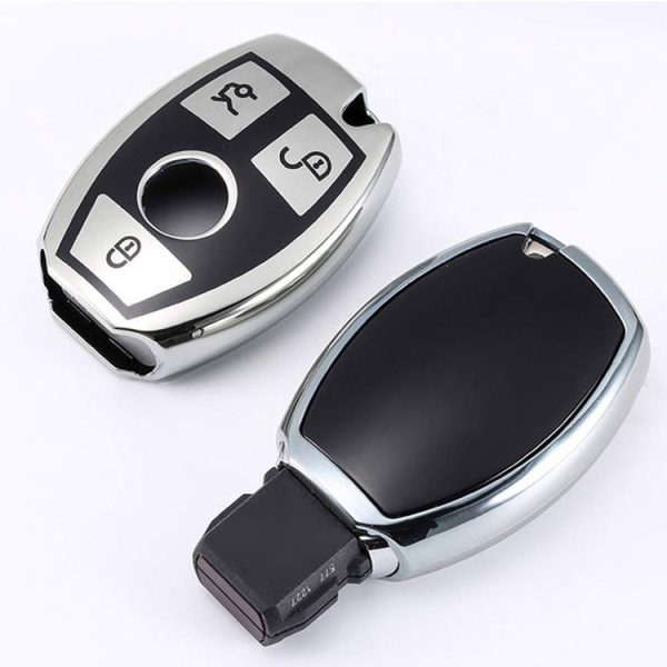 TPU One-piece Electroplating Full Coverage Car Key Case with Key Ring for Mercedes-Benz C (Silver) - Image 3
