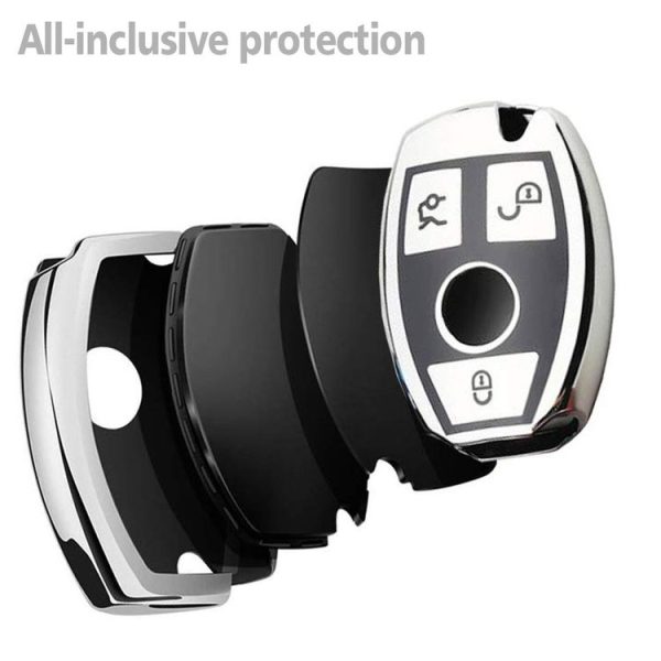 TPU One-piece Electroplating Full Coverage Car Key Case with Key Ring for Mercedes-Benz C (Silver) - Image 4