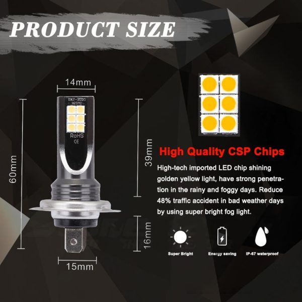2 PCS H7 DC12V-24V / 12W / 3000K / 800LM 12LEDs SMD-3030 Car LED Fog Light (Yellow Light) - Image 8