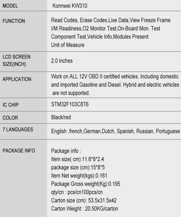 KONNWEI KW310 OBD Car Fault Detector Code Reader ELM327 OBD2 Scanner Diagnostic Tool (Black) - Image 17