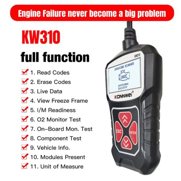 KONNWEI KW310 OBD Car Fault Detector Code Reader ELM327 OBD2 Scanner Diagnostic Tool (Black) - Image 9