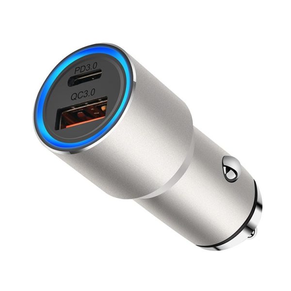 ACC-198 PD 20W + QC3.0 38W Dual Ports Metal Car Charger (Grey) - Image 2