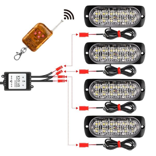 DC12V-24V / 18W 4 in 1 Front Grille Emergency Strobe Flash Warning Light Pickup 12LEDs Side Light Wireless Control 16 Modes (Red Light) - Image 3