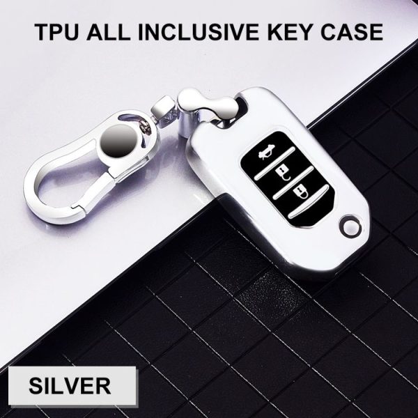 Car All-inclusive Soft TPU Key Protective Cover Key Case with Key Ring for Honda Folding (Silver) - Image 2