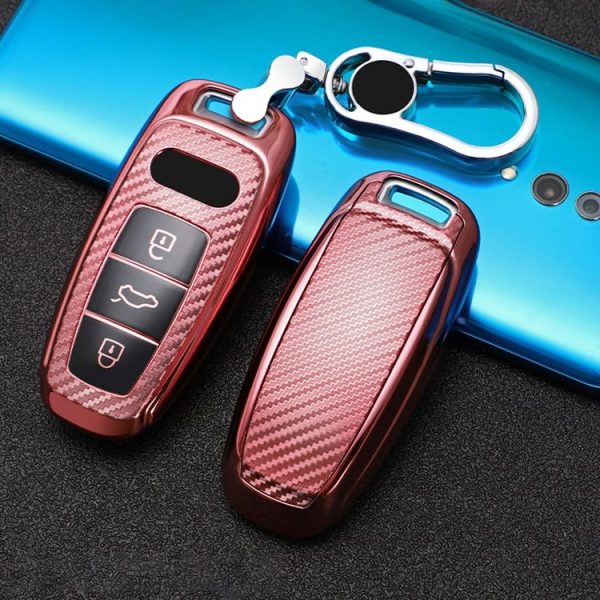 Audi Smart 3-button 2019 Car TPU Key Protective Cover Key Case with Key Ring (Pink) - Image 2