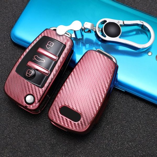 Audi Folding 3-button Car TPU Key Protective Cover Key Case with Key Ring (Pink) - Image 2