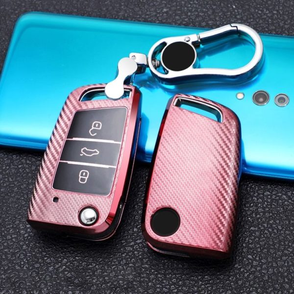 Volkswagen Passat Folding 3-button C Version 2017 Car TPU Key Protective Cover Key Case with Key Ring (Pink) - Image 2