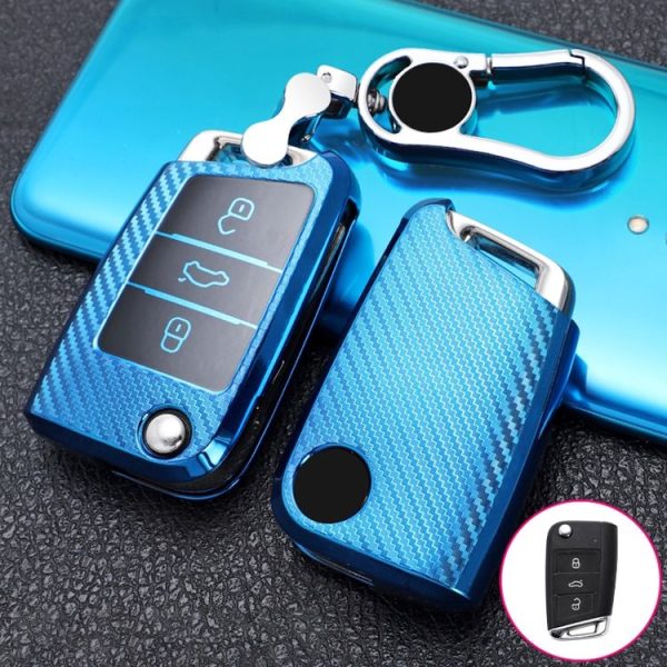 Volkswagen Golf 7 Folding 3-button B Version Car TPU Key Protective Cover Key Case with Key Ring (Blue)