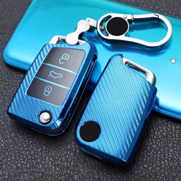 Volkswagen Golf 7 Folding 3-button B Version Car TPU Key Protective Cover Key Case with Key Ring (Blue) - Image 2