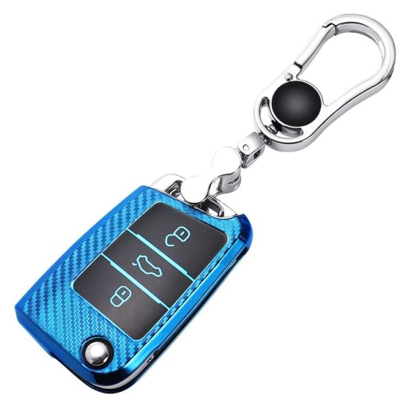 Volkswagen Golf 7 Folding 3-button B Version Car TPU Key Protective Cover Key Case with Key Ring (Blue) - Image 3