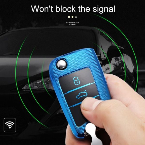 Volkswagen Golf 7 Folding 3-button B Version Car TPU Key Protective Cover Key Case with Key Ring (Blue) - Image 7
