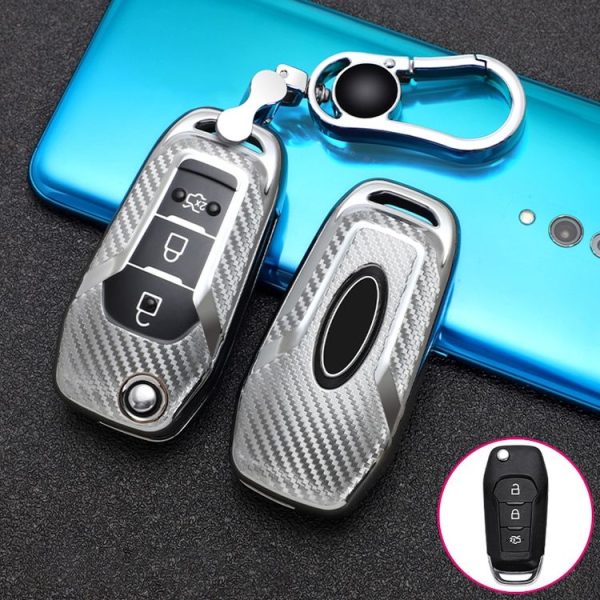 Ford Folding 3-button Car TPU Key Protective Cover Key Case with Key Ring (Silver)