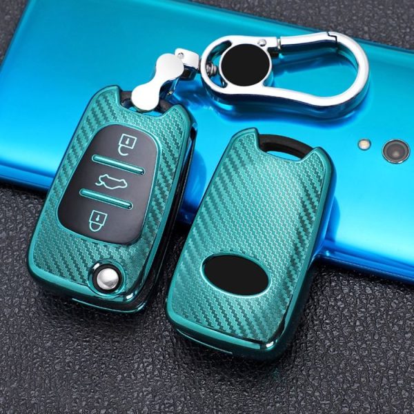 KIA Folding 3-button Car TPU Key Protective Cover Key Case with Key Ring (Green) - Image 2