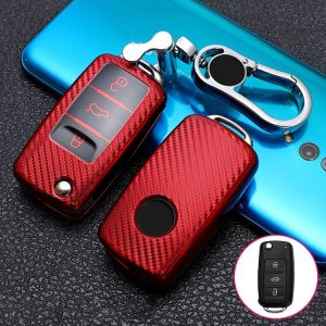 Skoda Folding 3-button Car TPU Key Protective Cover Key Case with Key Ring (Red)