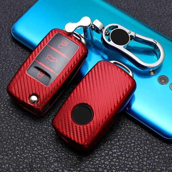 Skoda Folding 3-button Car TPU Key Protective Cover Key Case with Key Ring (Red) - Image 2