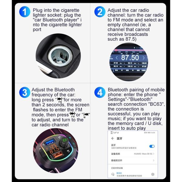 BC66 Colorful Car MP3 Player Multi-functional Bluetooth Receiver Car Cigarette Lighter U Disk Charger - Image 24