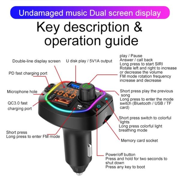 BC66 Colorful Car MP3 Player Multi-functional Bluetooth Receiver Car Cigarette Lighter U Disk Charger - Image 4