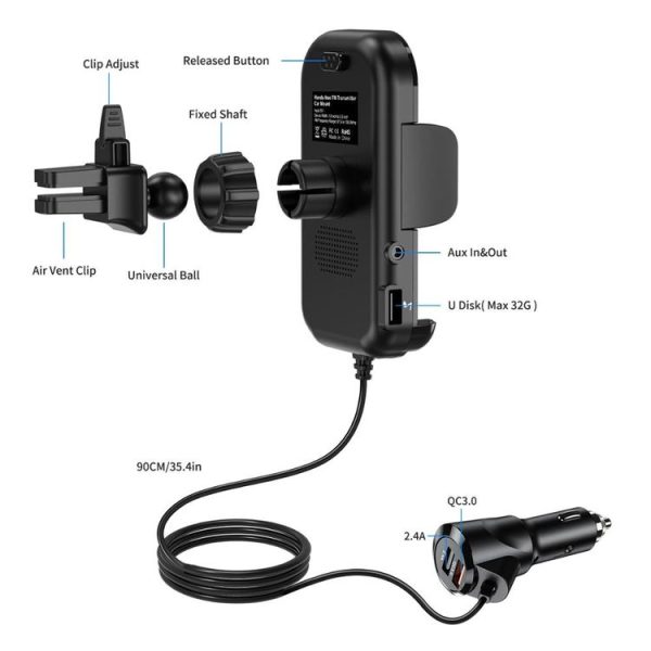 A20 Pro Car Charger MP3 Player Bluetooth Receiver FM Transmitter Call Hands-free Holder - Image 3
