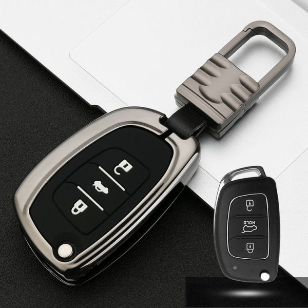 Car Luminous All-inclusive Zinc Alloy Key Protective Case Key Shell for Hyundai D Style Folding 3-button (Gun Metal)