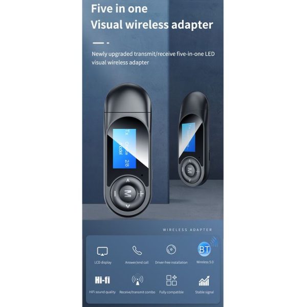 T-13 Bluetooth 5.0 LCD Digital Display Bluetooth Adapter Receiver Transmitter (Black) - Image 2
