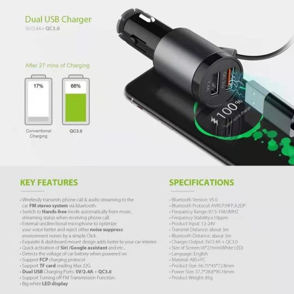 BT92 Car Bluetooth FM Transmitter Support Bluetooth Hands-free Call / QC3.0 Fast Charge / Micro SD Card - Image 6