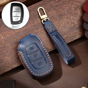 Hallmo Car Cowhide Leather Key Protective Cover Key Case for Hyundai IX35 B Style (Blue)