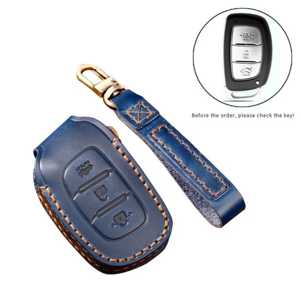 Hallmo Car Cowhide Leather Key Protective Cover Key Case for Hyundai IX35 B Style (Blue) - Image 3
