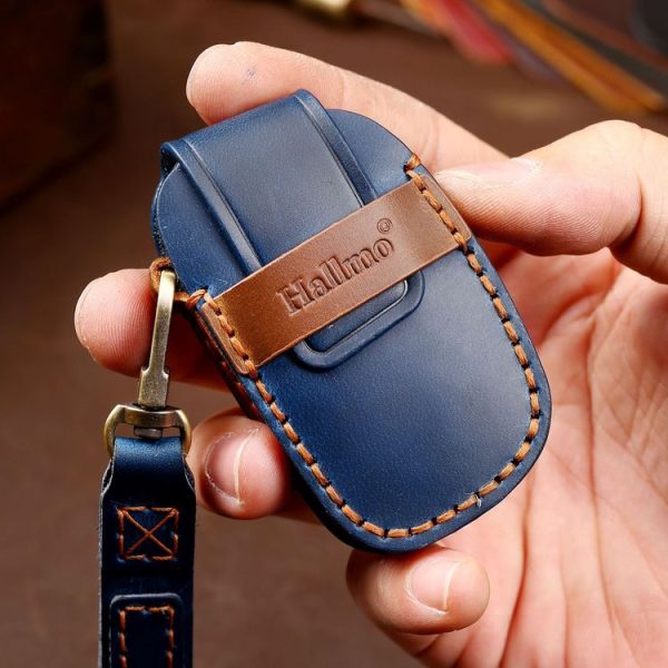 Hallmo Car Cowhide Leather Key Protective Cover Key Case for Hyundai IX35 B Style (Blue) - Image 5