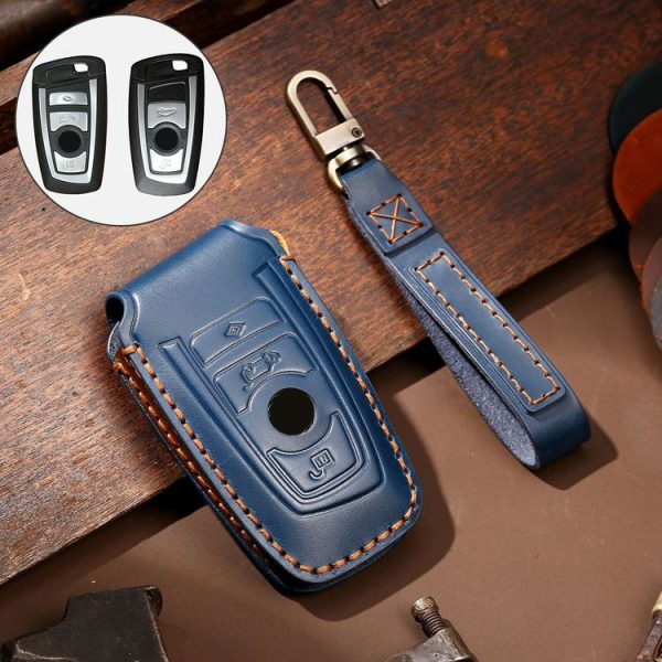 Hallmo Car Cowhide Leather Key Protective Cover Key Case for Old BMW (Blue)
