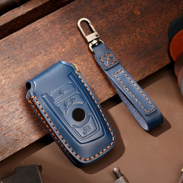 Hallmo Car Cowhide Leather Key Protective Cover Key Case for Old BMW (Blue) - Image 2