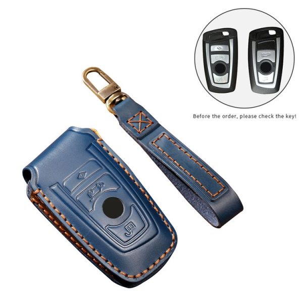 Hallmo Car Cowhide Leather Key Protective Cover Key Case for Old BMW (Blue) - Image 3