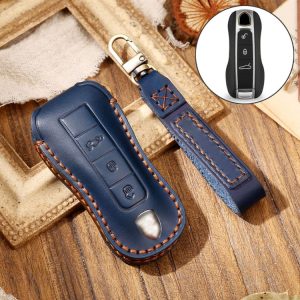Hallmo Car Cowhide Leather Key Protective Cover Key Case for Porsche Macan 718 2021 B Style (Blue)
