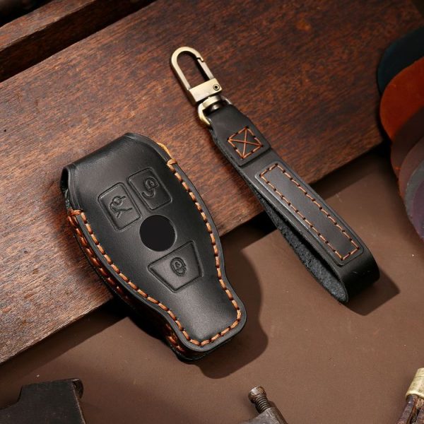 Hallmo Car Cowhide Leather Key Protective Cover Key Case for Old Mercedes-Benz E300L (Black) - Image 2