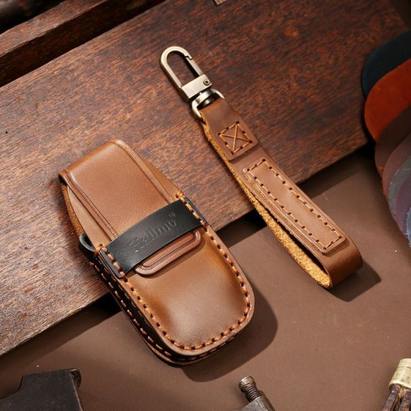 Hallmo Car Cowhide Leather Key Protective Cover Key Case for New Mercedes-Benz E300L (Brown) - Image 2